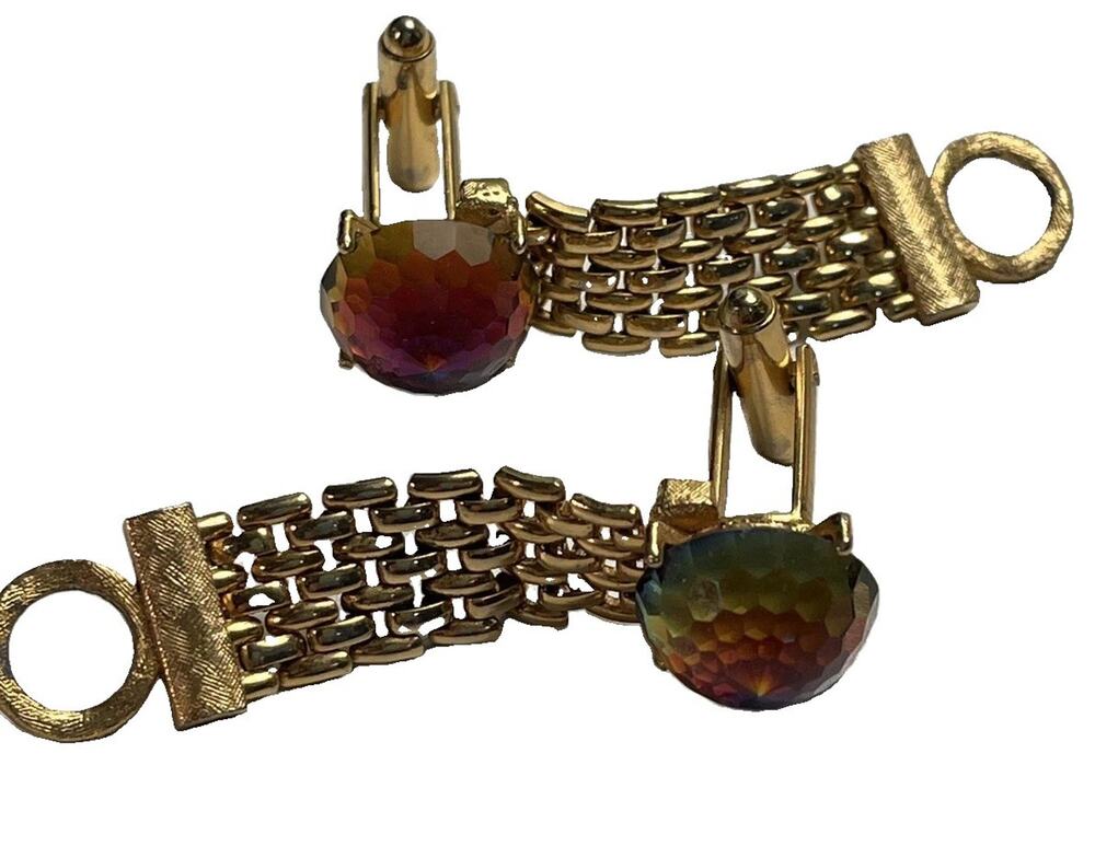 Vintage Dante Gold Tone Watermelon Rivoli Mesh Wrap Cufflinks Signed